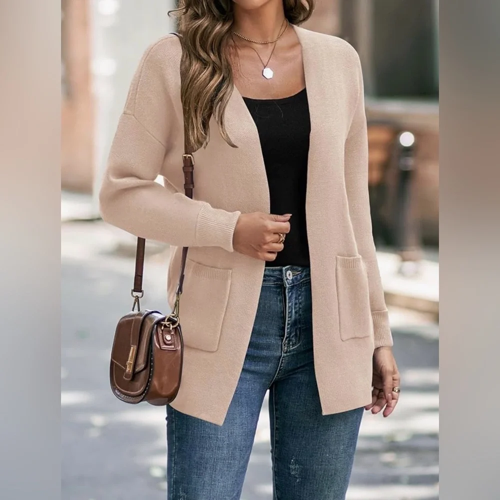 ZESICA Women's Cream Long Sleeves Open Front Knitted Sweater Cardigan SMALL - Picture 1 of 8